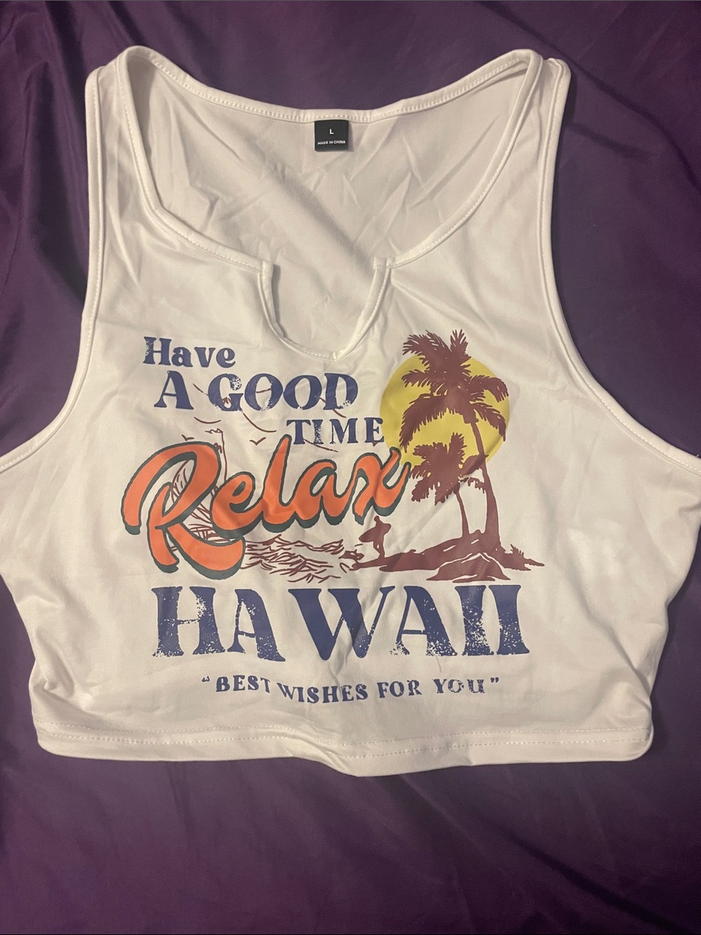 White Tropical "Relax" Graphic Crop Tank
